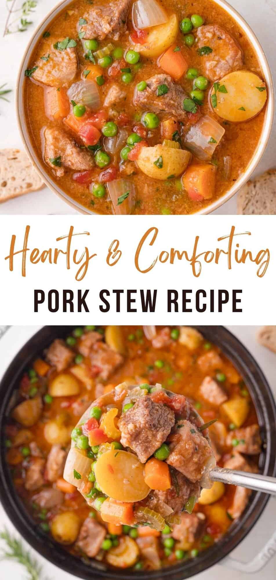 Pork stew Pinterest graphic with text and photos.