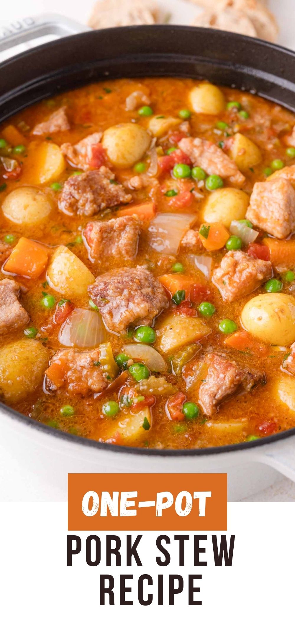Pork stew Pinterest graphic with text and photos.