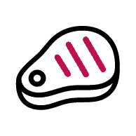 Simple illustration of a steak with three red grill marks on a white background.