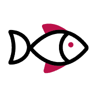 Simple line drawing of a fish with a pink dorsal fin and tail, and a pink dot for the eye, on a light gray background.