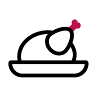 Simple line drawing of a cooked whole chicken or turkey on a platter, with a red accent on the drumstick bone.