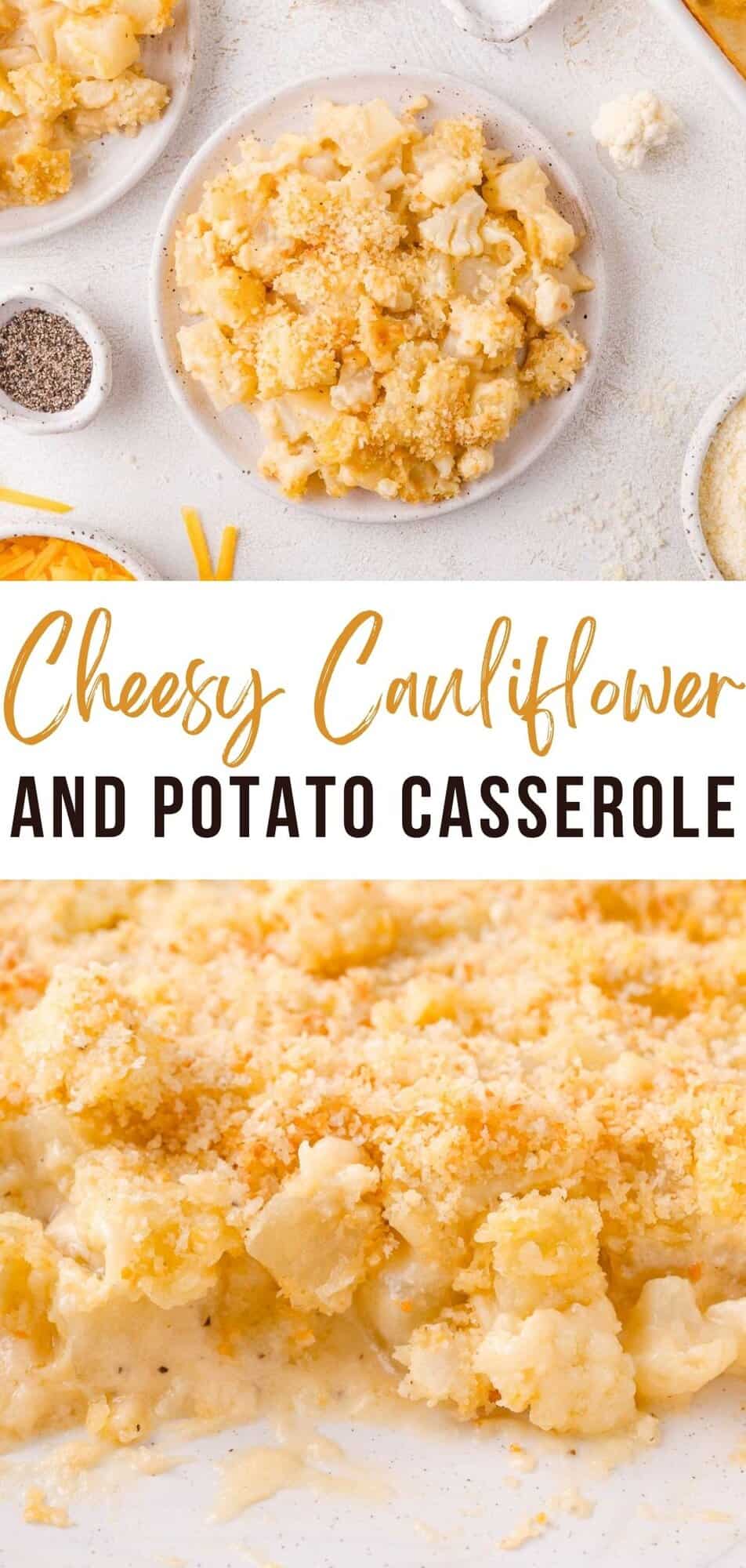 Cauliflower and Potato Casserole Crockpot White Chicken Chili Pinterest graphic with text and photos.