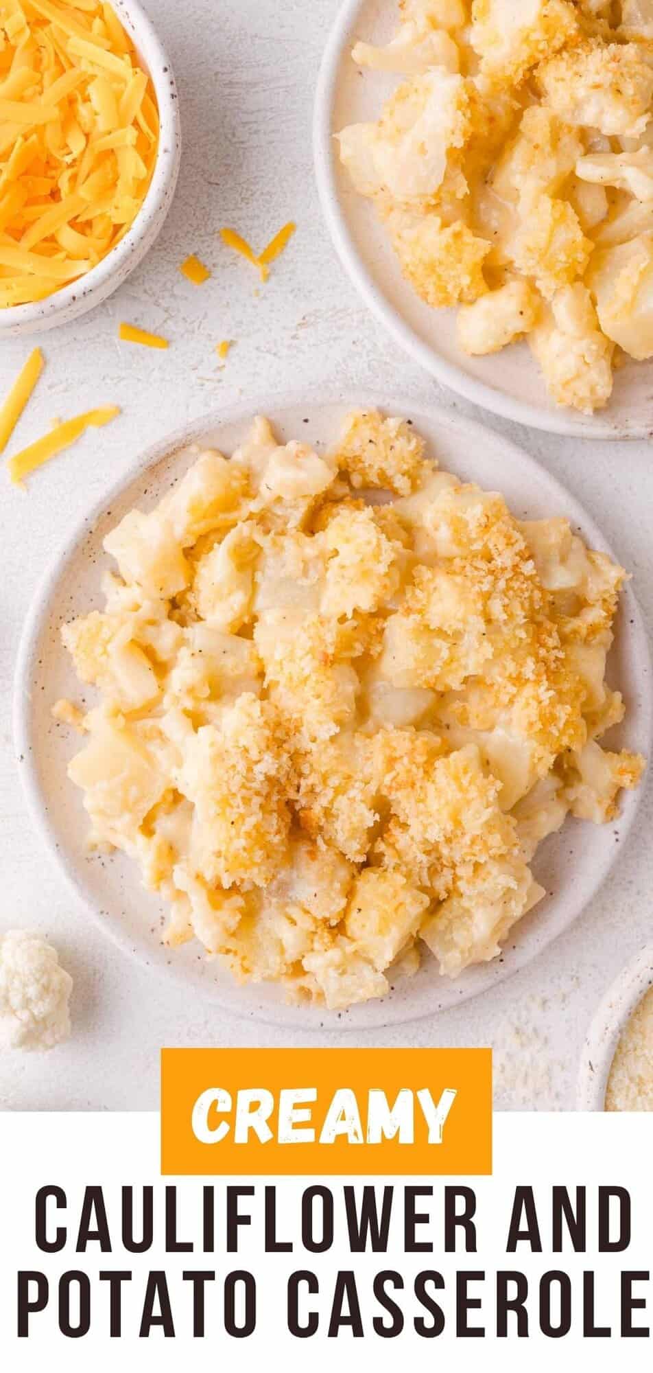 Cauliflower and Potato Casserole Crockpot White Chicken Chili Pinterest graphic with text and photos.