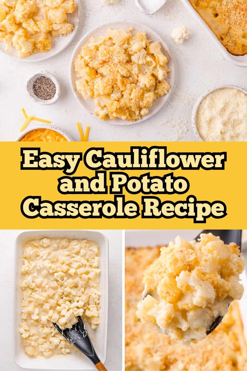 Cauliflower and Potato Casserole Crockpot White Chicken Chili Pinterest graphic with text and photos.