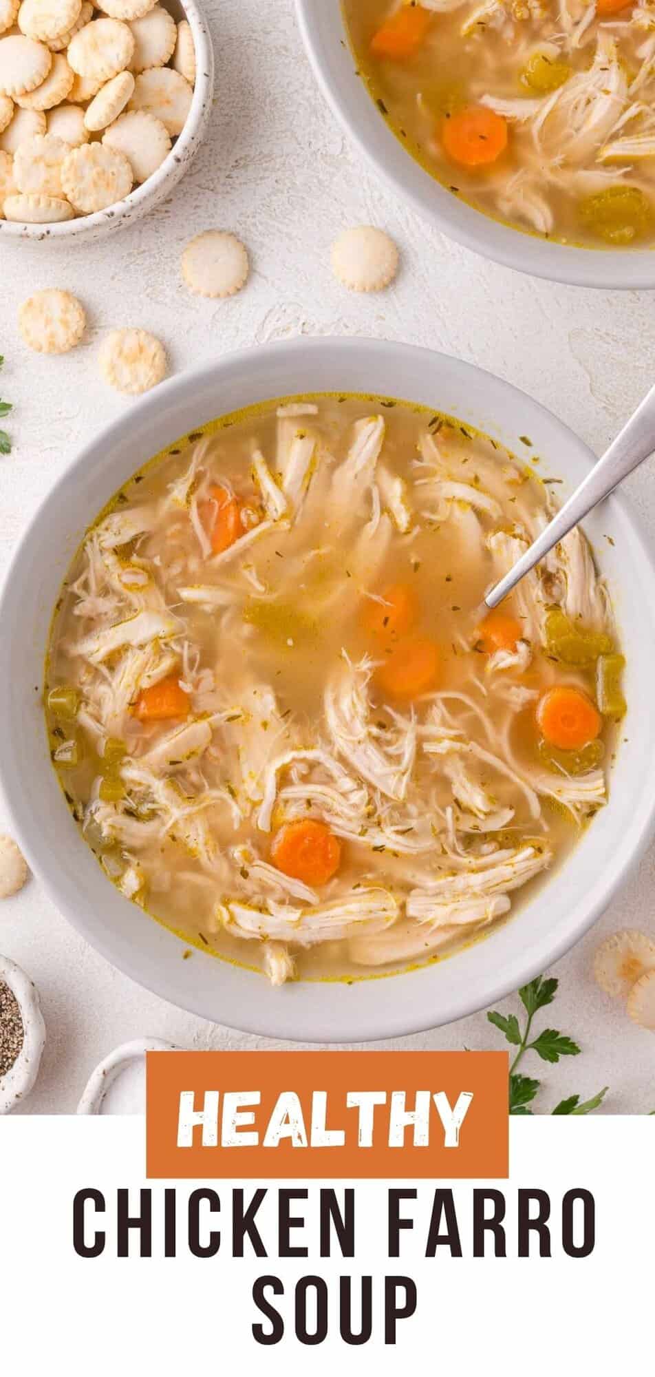 Chicken farro soup Pinterest graphic with text and photos.
