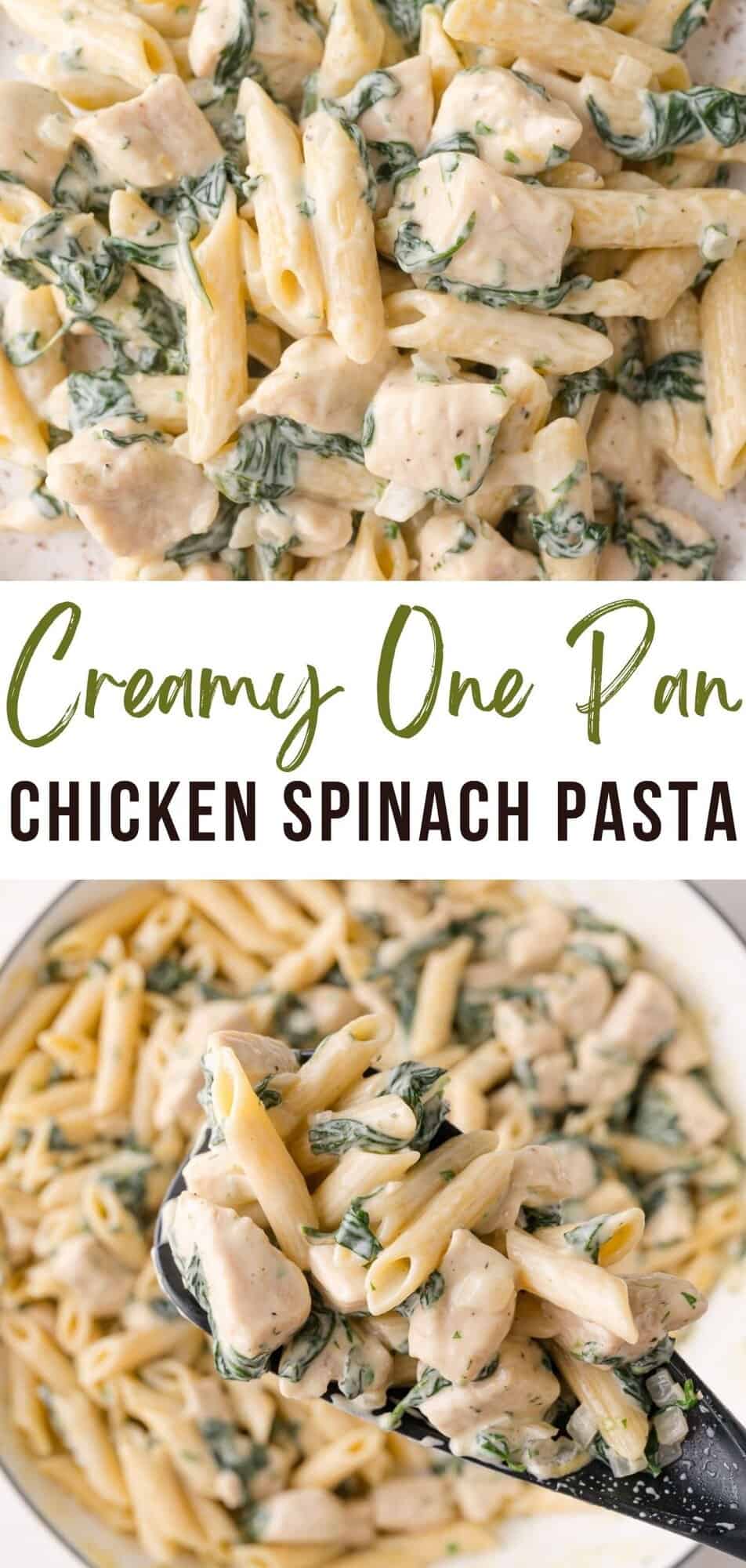 Chicken spinach pasta Pinterest graphic with text and photos.