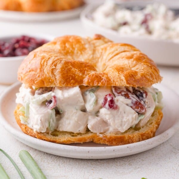 A croissant sandwich filled with cranberry chicken salad containing diced chicken, celery, and dried cranberries on a white plate.