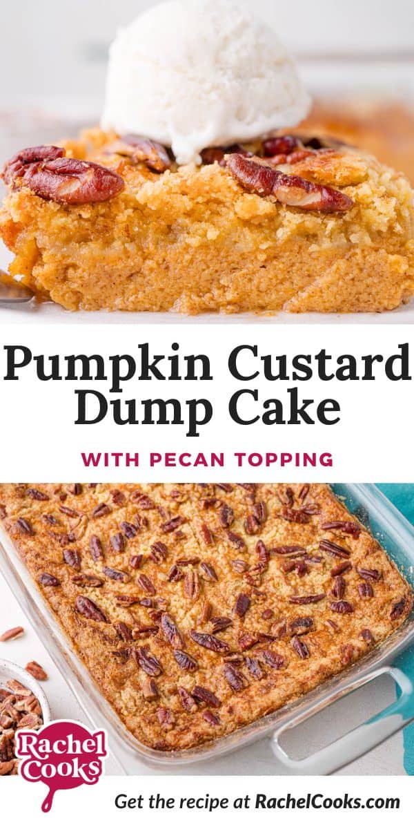 Pumpkin dump cake Pinterest graphic with text and photos.