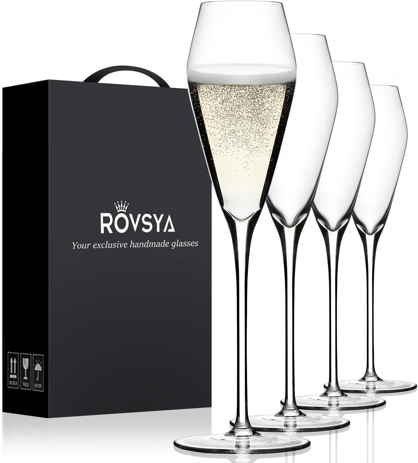 Four tall champagne flutes, one filled with sparkling wine, are displayed next to a black Rovsya branded box labeled “Your exclusive handmade glasses.”.