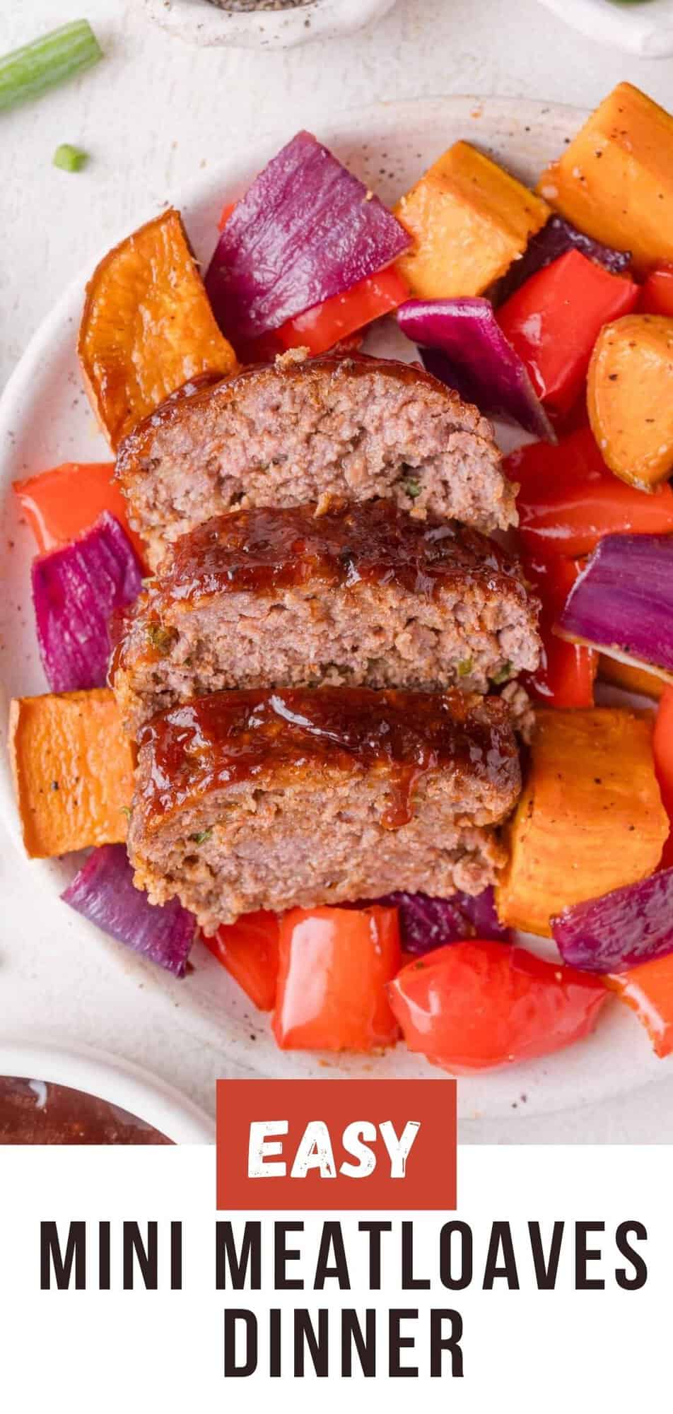 BBQ Mini Meatloaf Sheet Pan Dinner Pinterest graphic with text and photos.