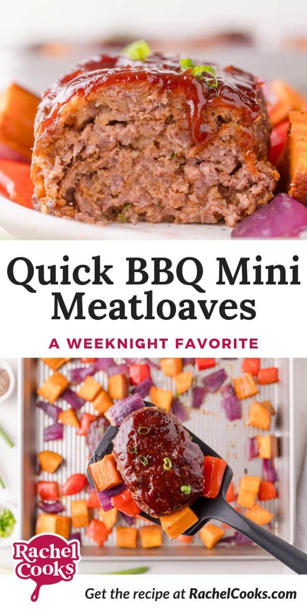 BBQ Mini Meatloaf Sheet Pan Dinner Pinterest graphic with text and photos.