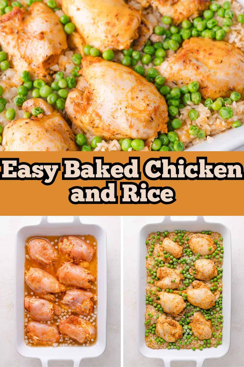 One Pan Chicken and Rice Pinterest graphic with text and photos.