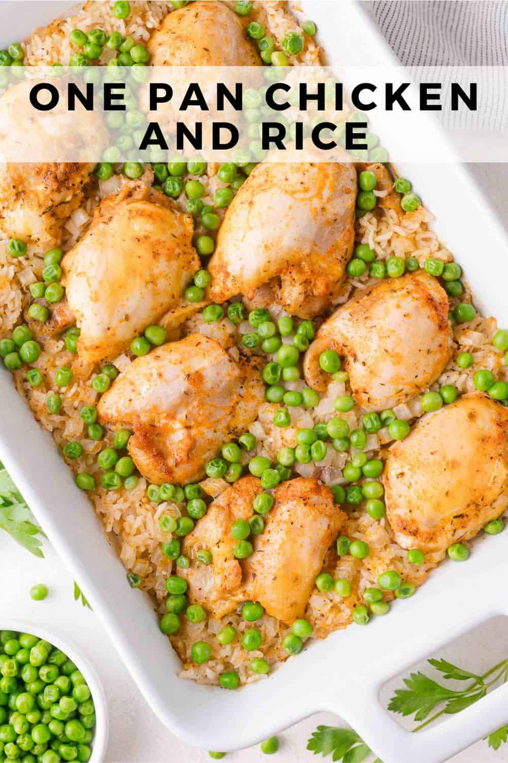 One Pan Chicken and Rice Pinterest graphic with text and photos.