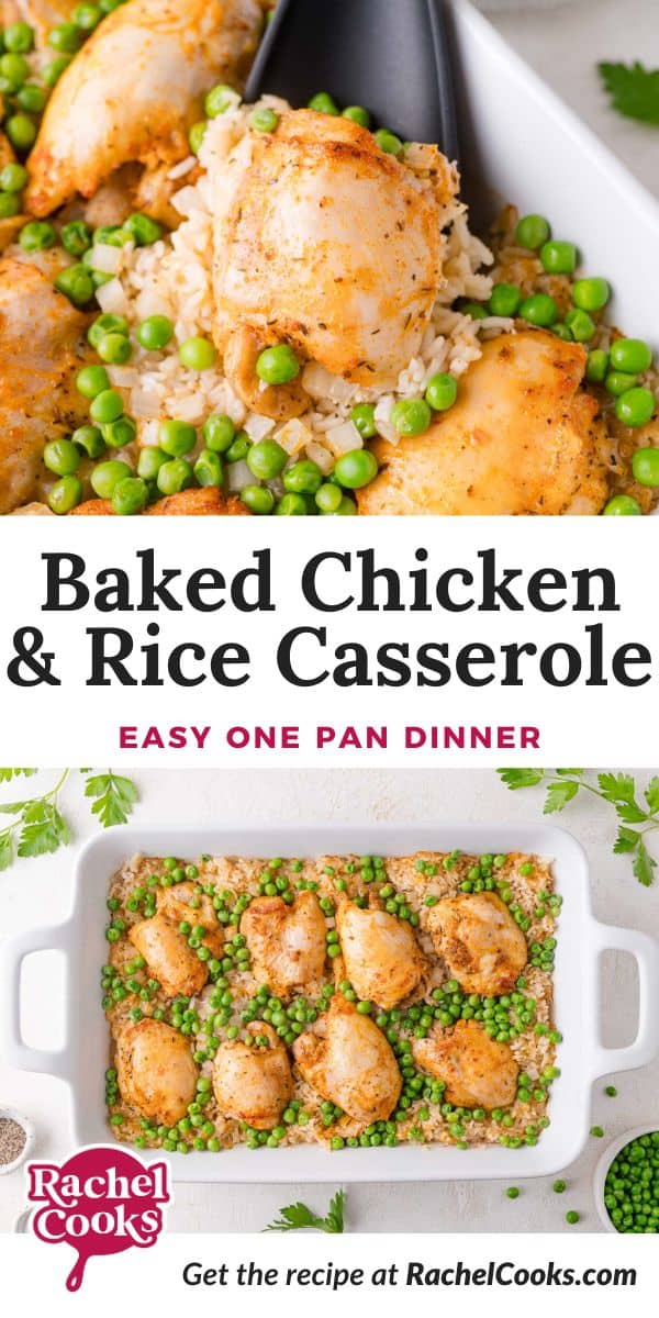 One Pan Chicken and Rice Pinterest graphic with text and photos.