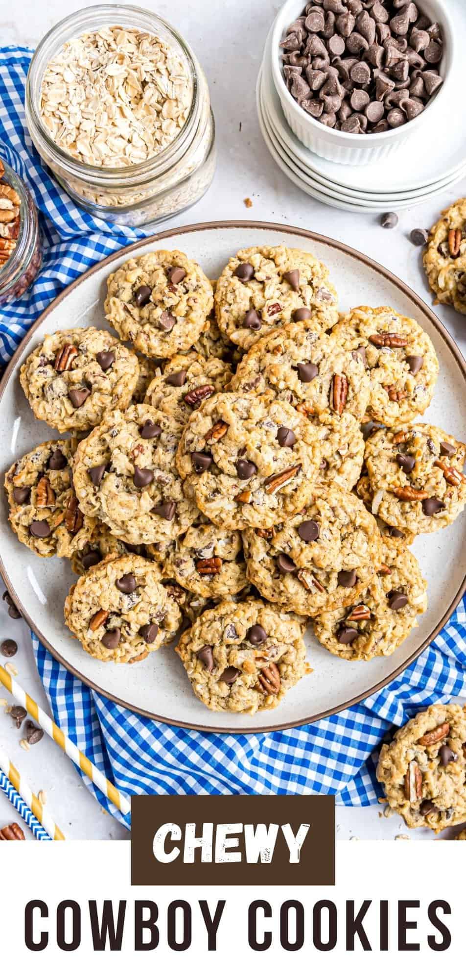 Cowboy cookies Pinterest graphic with text and photos.