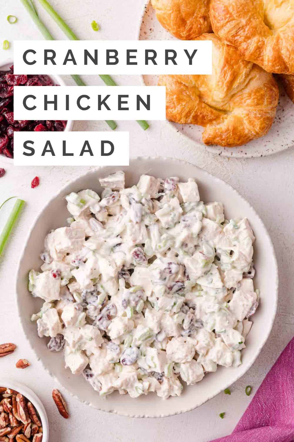 Cranberry chicken salad Pinterest graphic with text and photos.