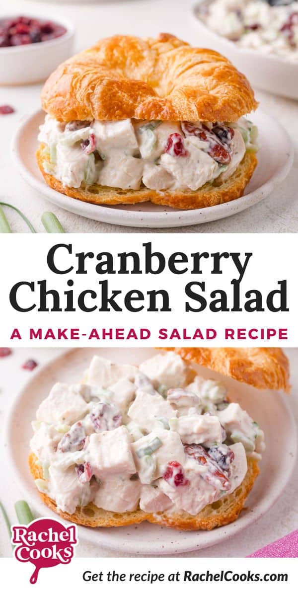 Cranberry chicken salad Pinterest graphic with text and photos.