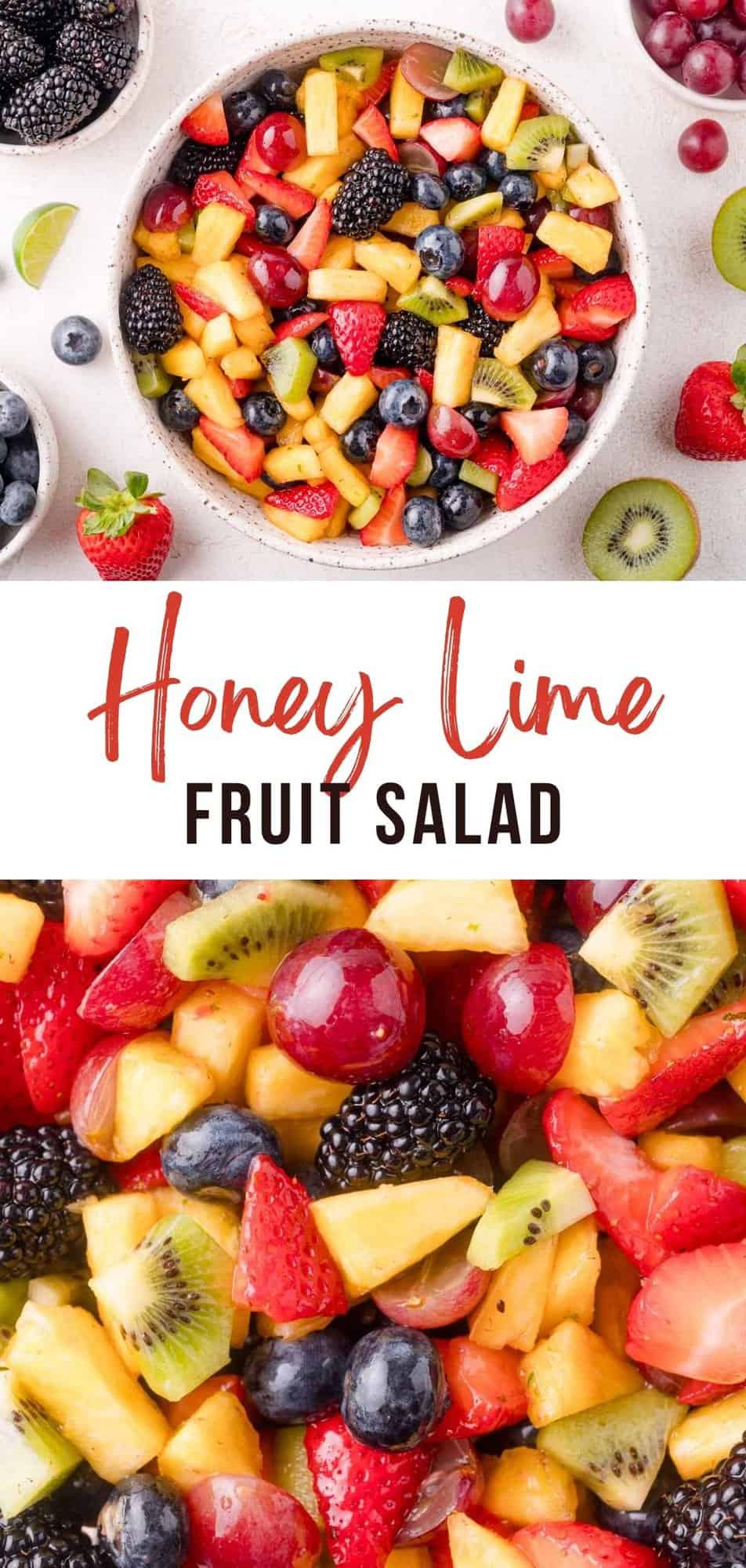 Fruit salad Pinterest graphic with text and photos.