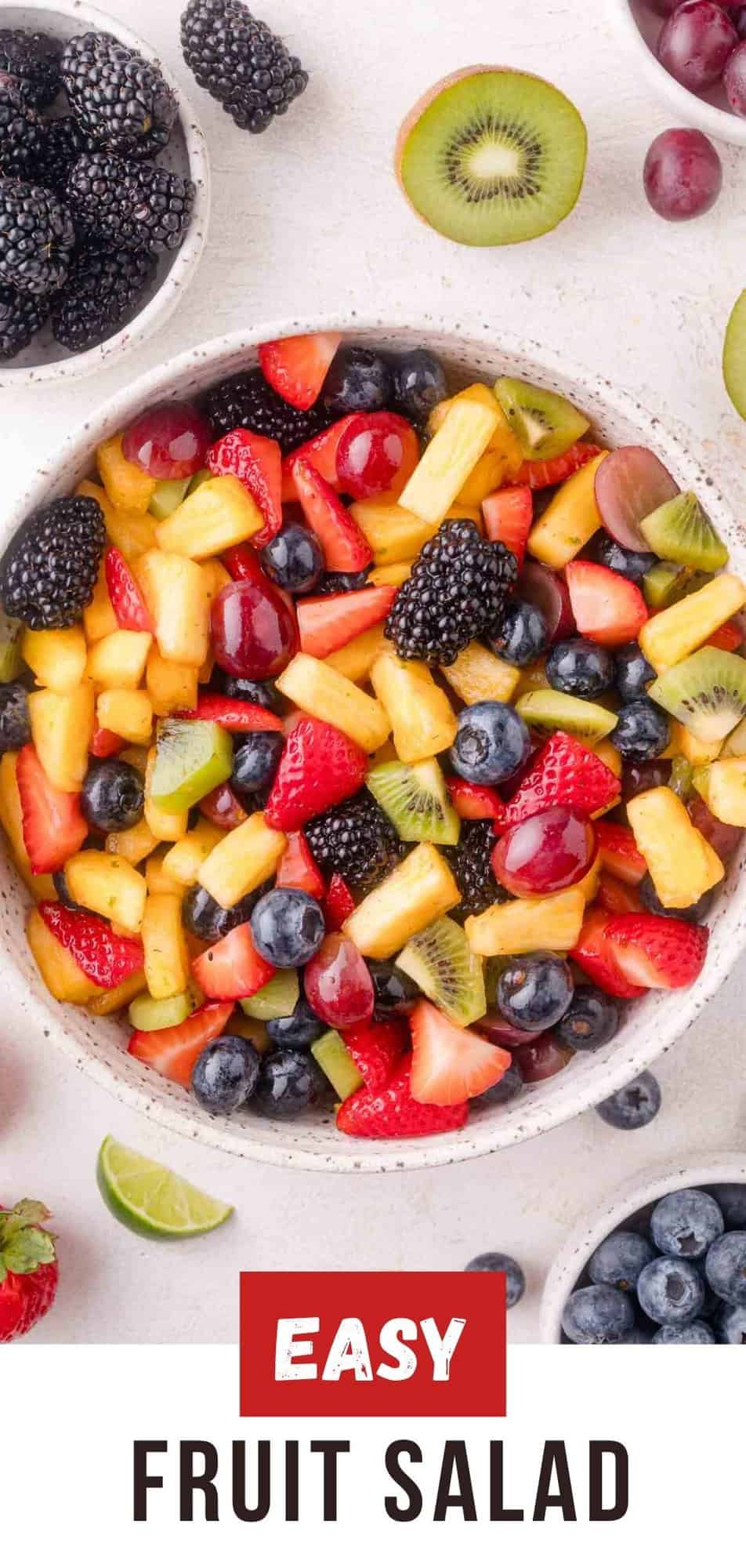 Fruit salad Pinterest graphic with text and photos.