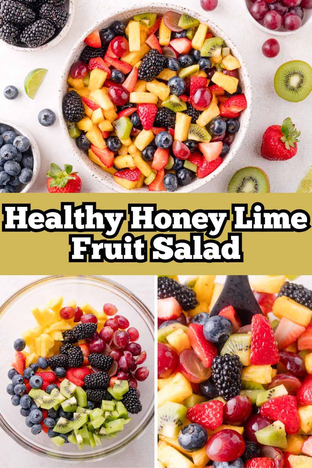Fruit salad Pinterest graphic with text and photos.