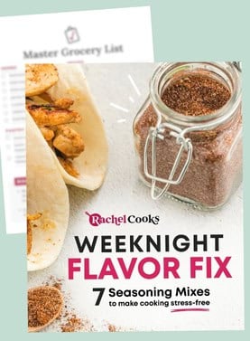 A cookbook cover shows tacos, a jar of seasoning mix, and the title Weeknight Flavor Fix: 7 Seasoning Mixes to make cooking stress-free by Rachel Cooks.