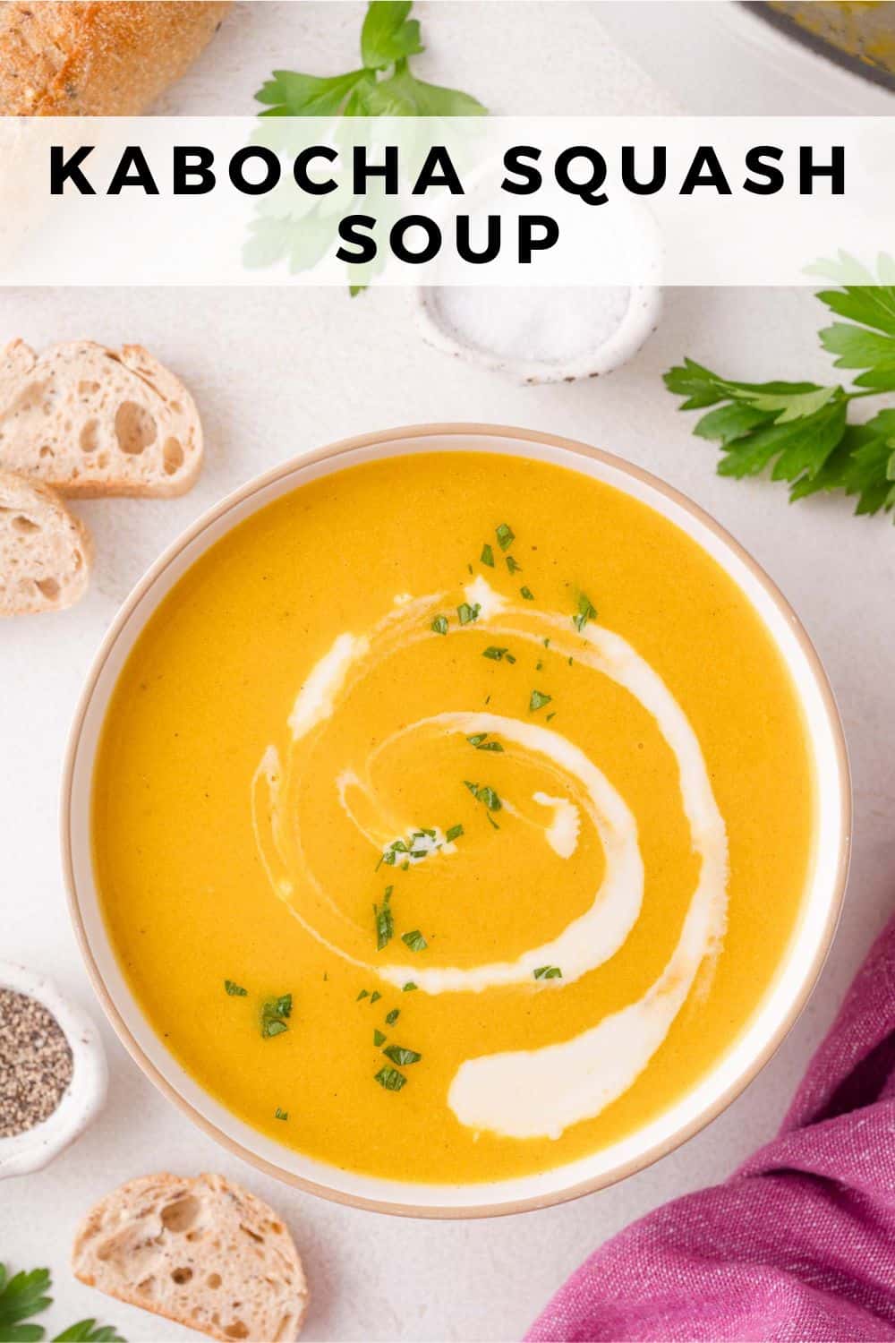 Kabocha squash soup Pinterest graphic with text and photos.