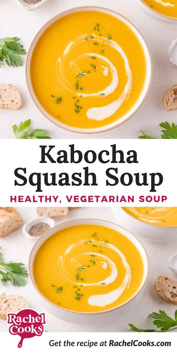 Kabocha squash soup Pinterest graphic with text and photos.