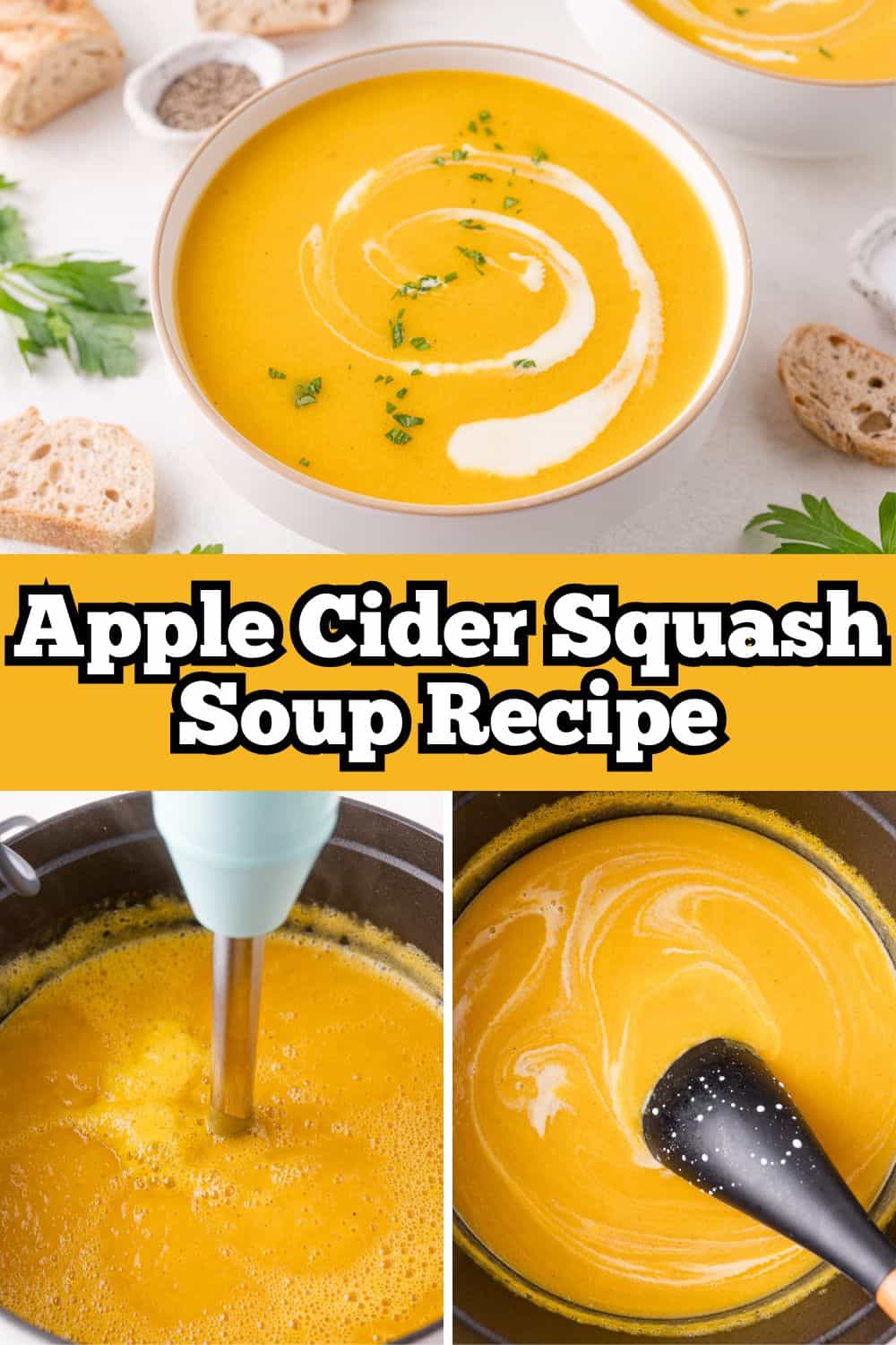 Kabocha squash soup Pinterest graphic with text and photos.