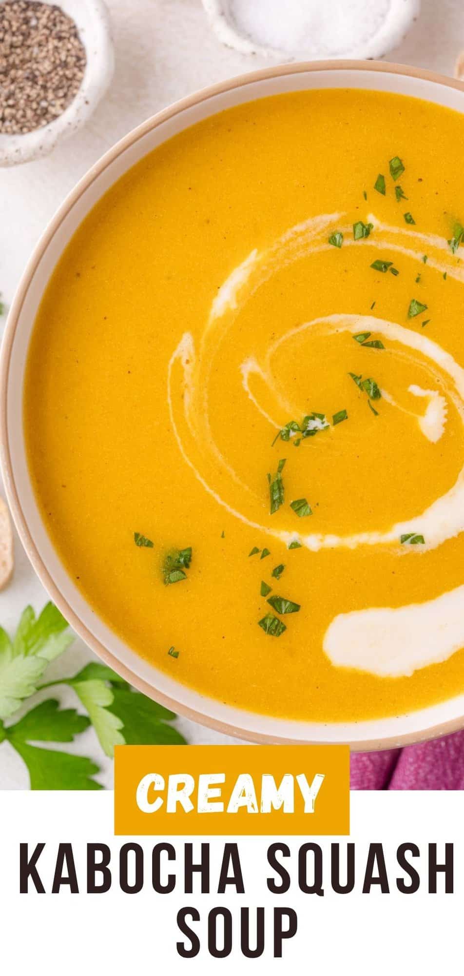 Kabocha squash soup Pinterest graphic with text and photos.