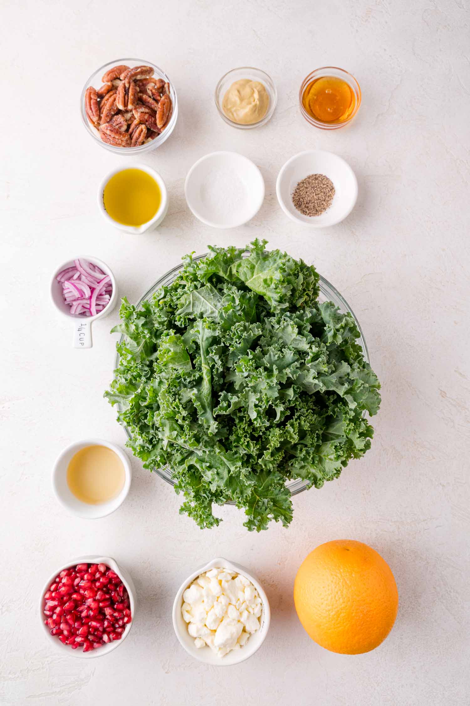 A bowl of fresh kale surrounded by small bowls of pecans, mustard, honey, olive oil, salt, pepper, red onions, vinegar, pomegranate seeds, feta cheese, and a whole orange.