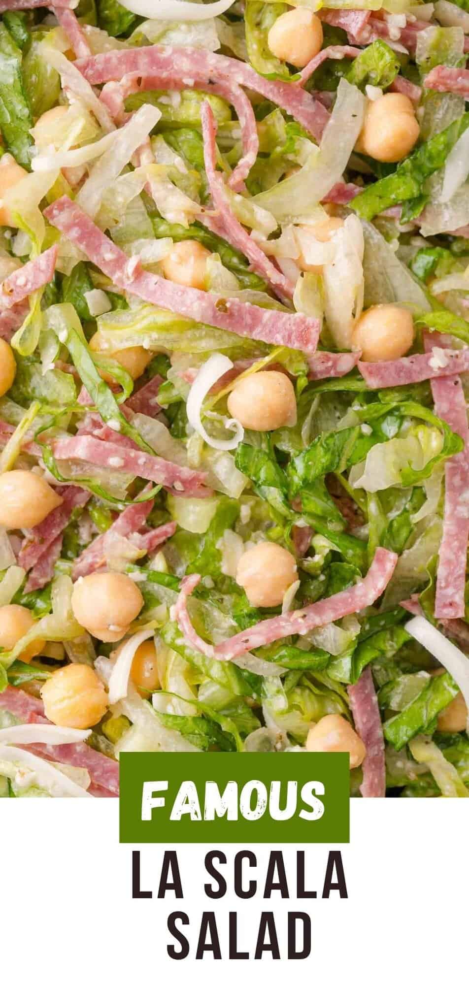 La Scala salad Pinterest graphic with text and photos.