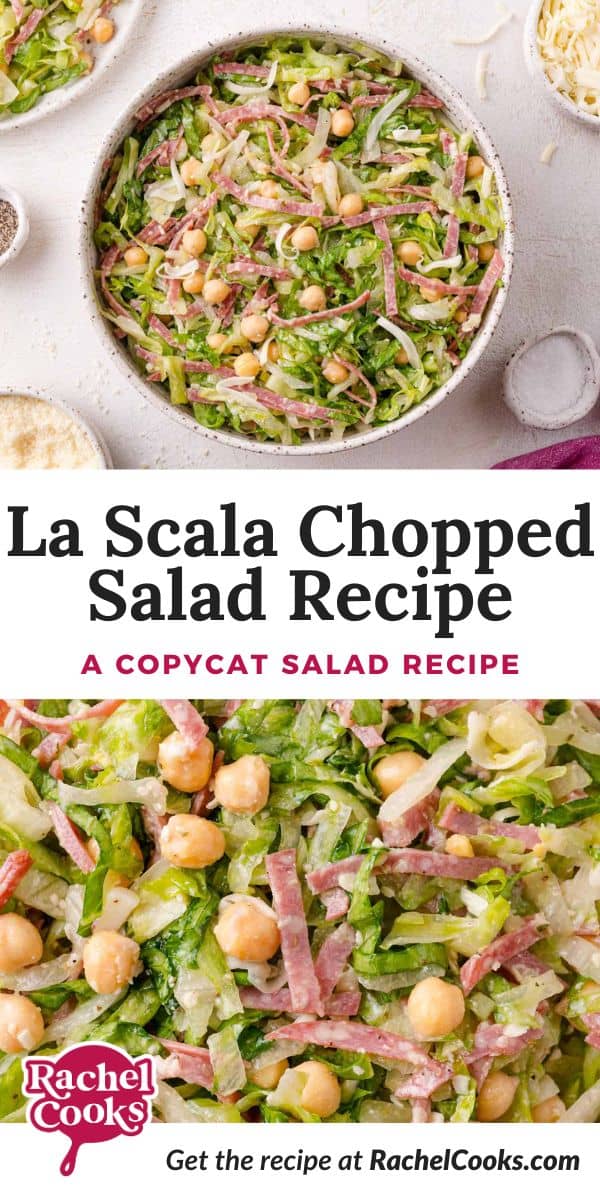La Scala salad Pinterest graphic with text and photos.
