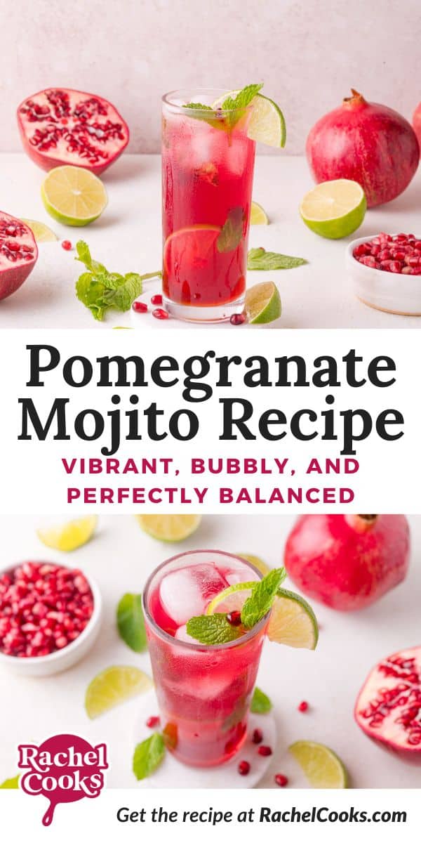 Pomegranate mojito Pinterest graphic with text and photos.