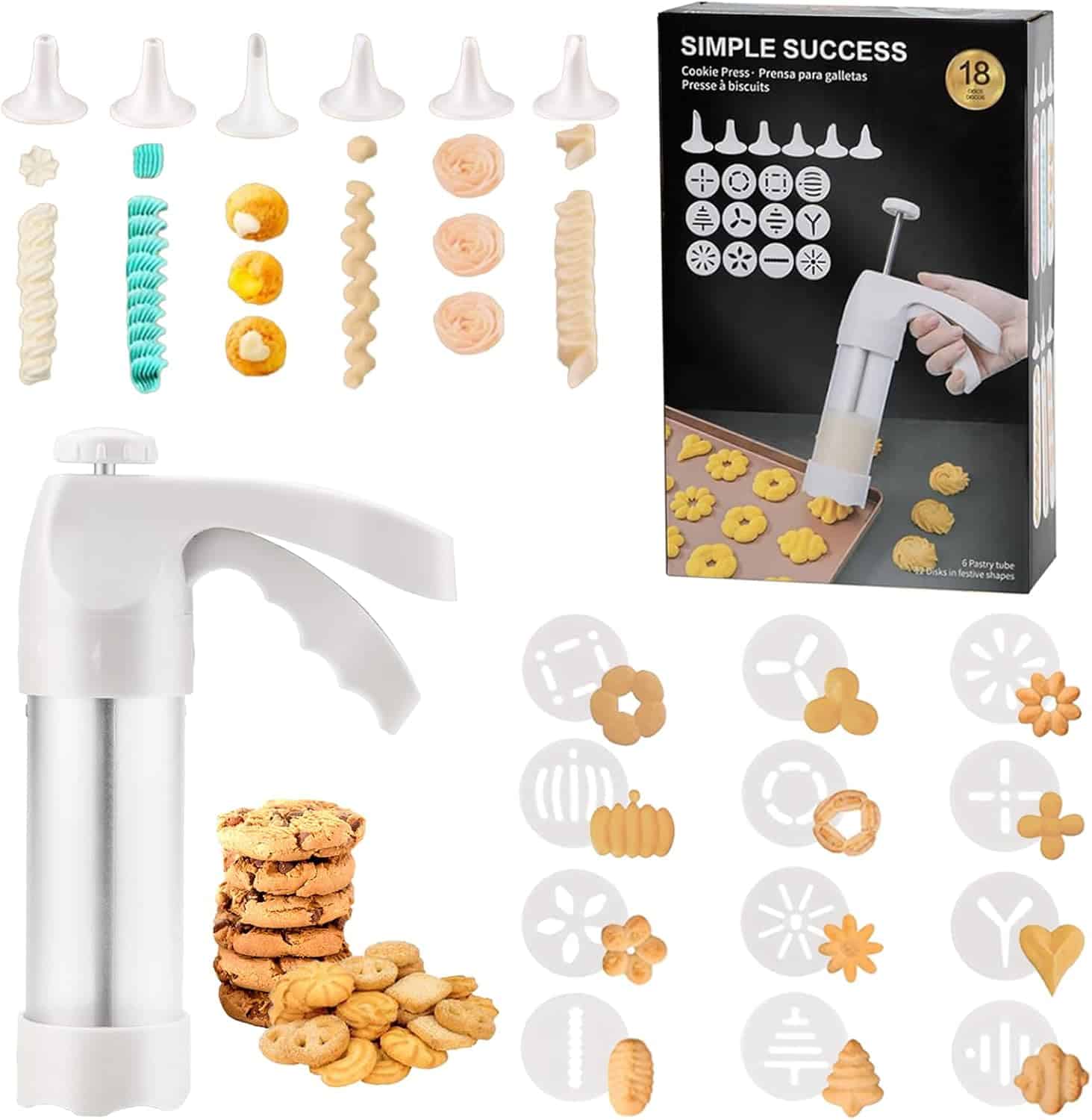 Cookie press kit with various nozzles, disc shapes, example cookies, and packaging showing 18 design options for making different cookie shapes and patterns.