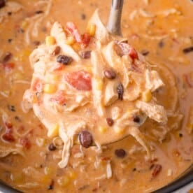 A ladle holds a creamy chicken enchilada soup with shredded chicken, black beans, corn, diced tomatoes, and spices over a pot of the same soup.