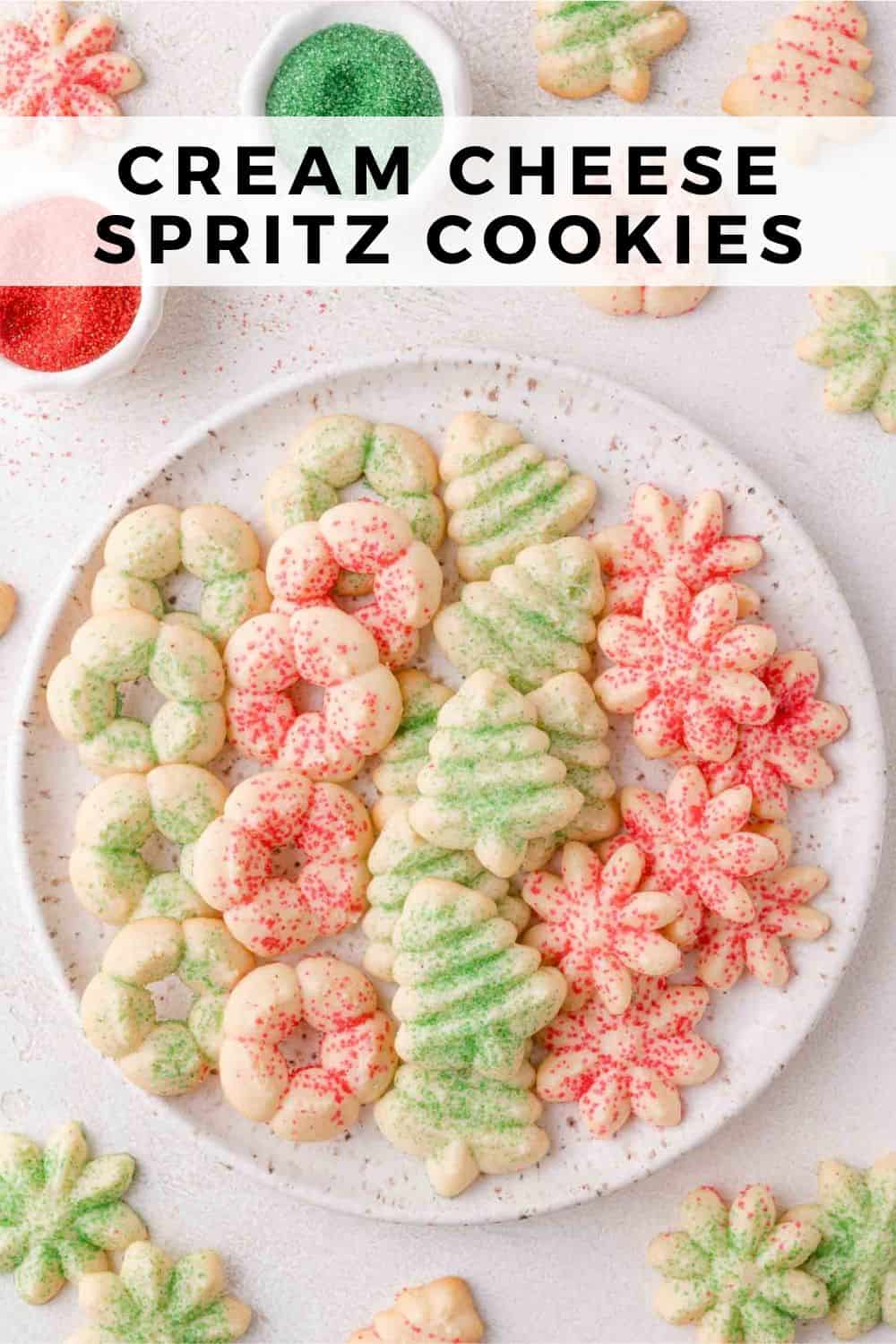 Cream Cheese Spritz Cookies Pinterest graphic with text and photos.