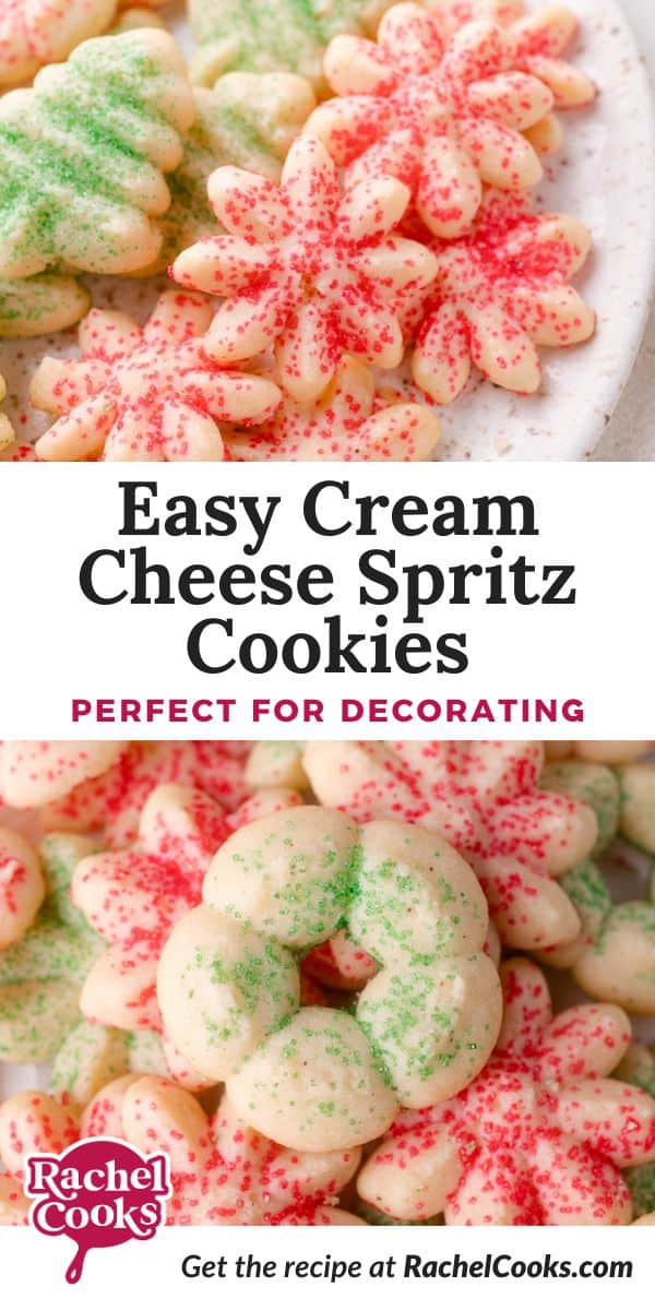 Cream Cheese Spritz Cookies Pinterest graphic with text and photos.