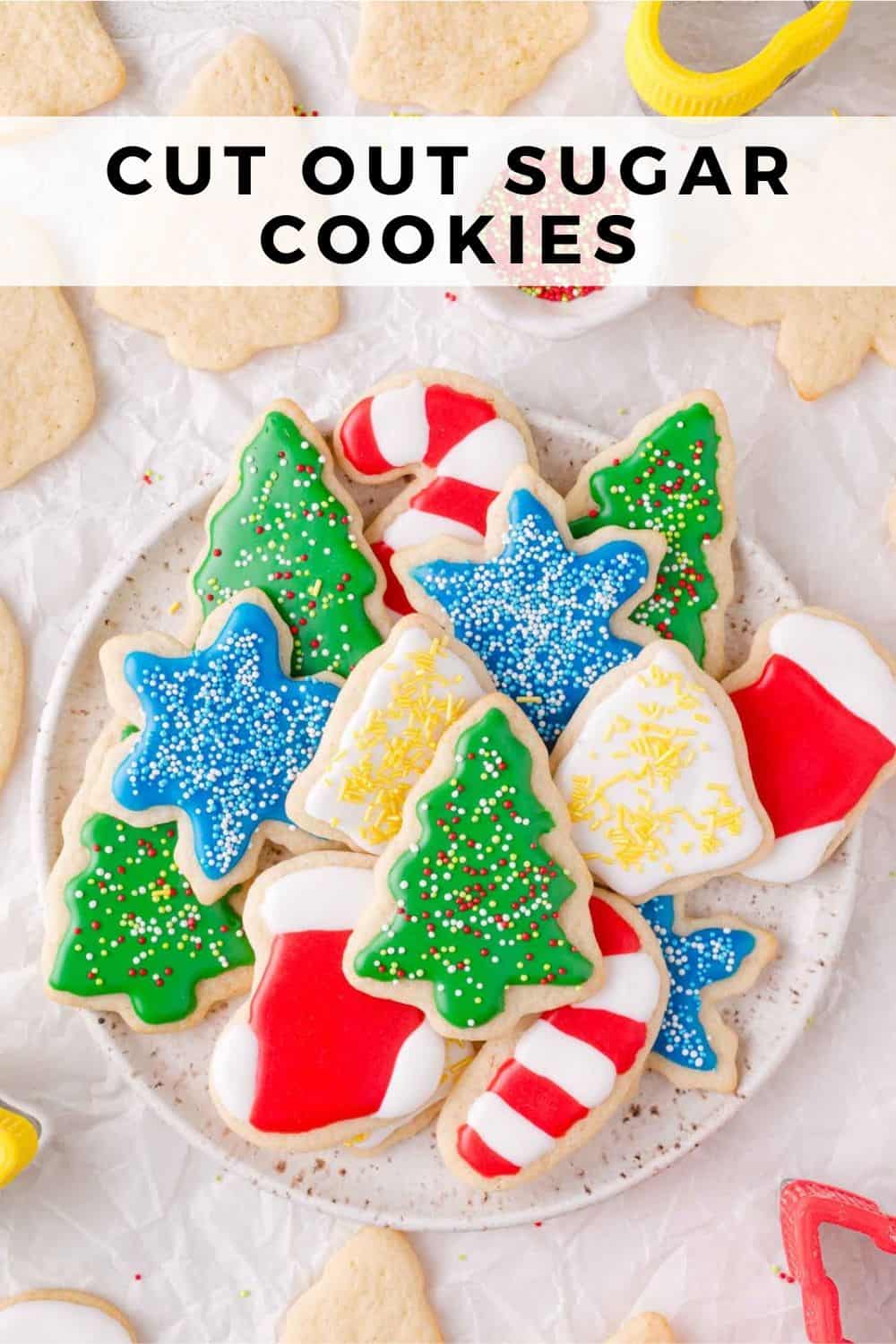 Cut Out Sugar Cookies Pinterest graphic with text and photos.