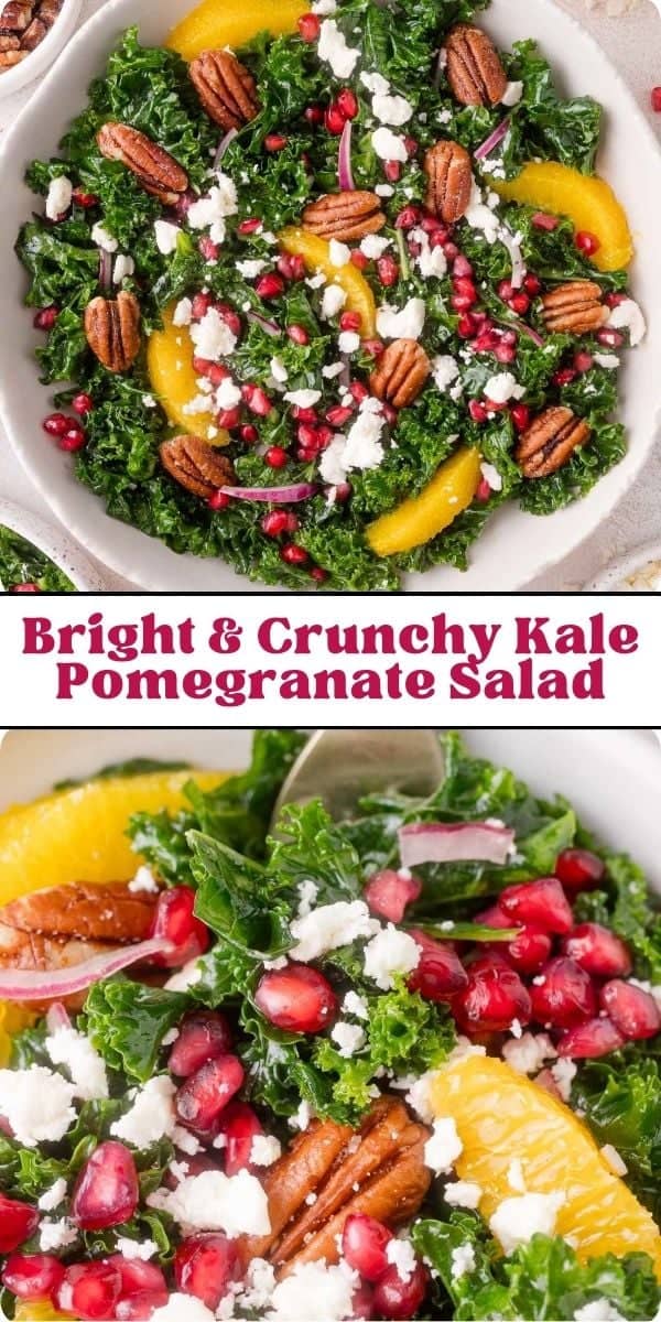 Kale Pomegranate Salad Pinterest graphic with text and photos.