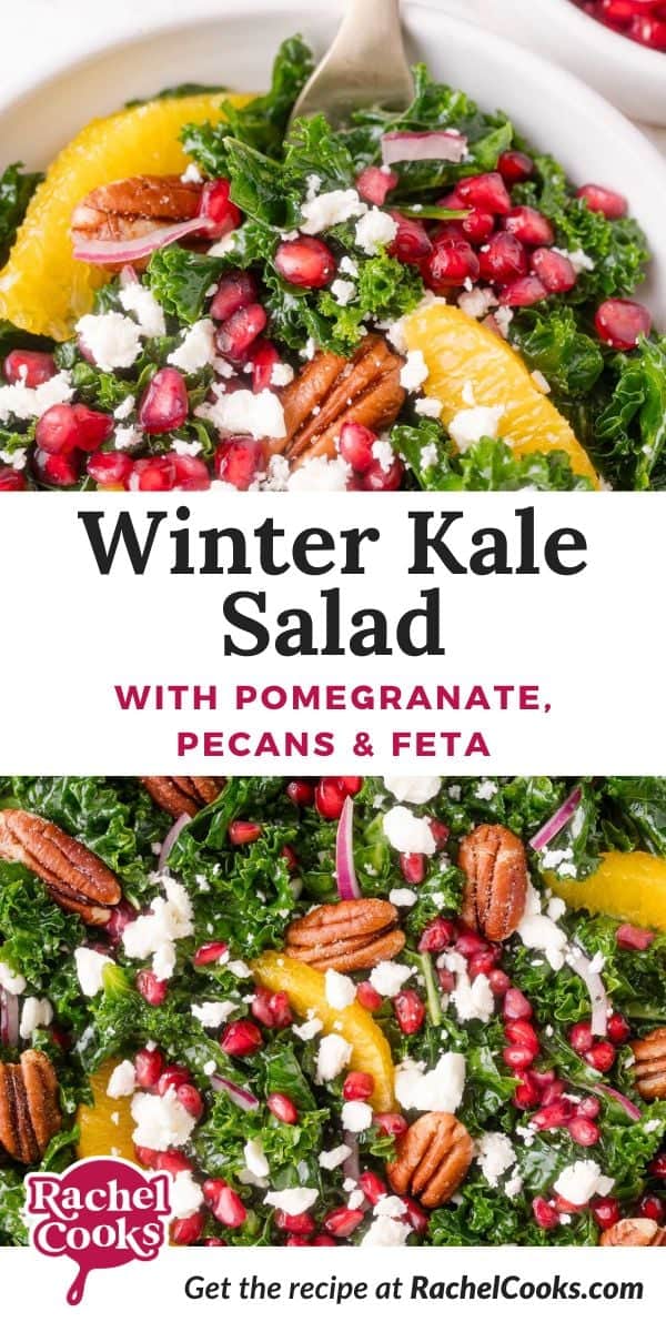 Kale Pomegranate Salad Pinterest graphic with text and photos.