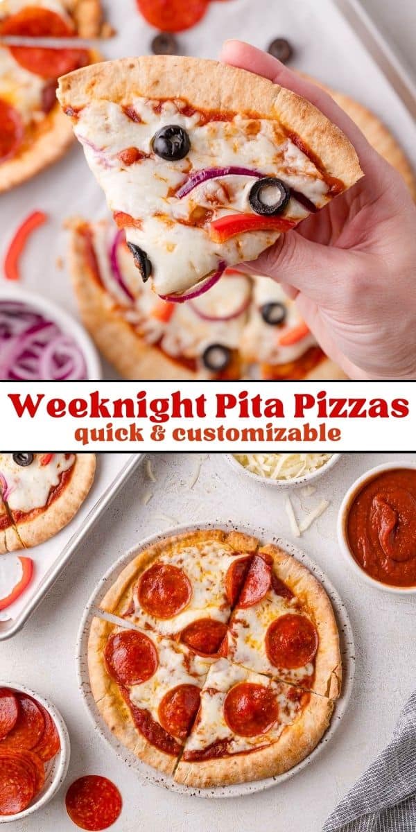 Pita Pizzas Pinterest graphic with text and photos.