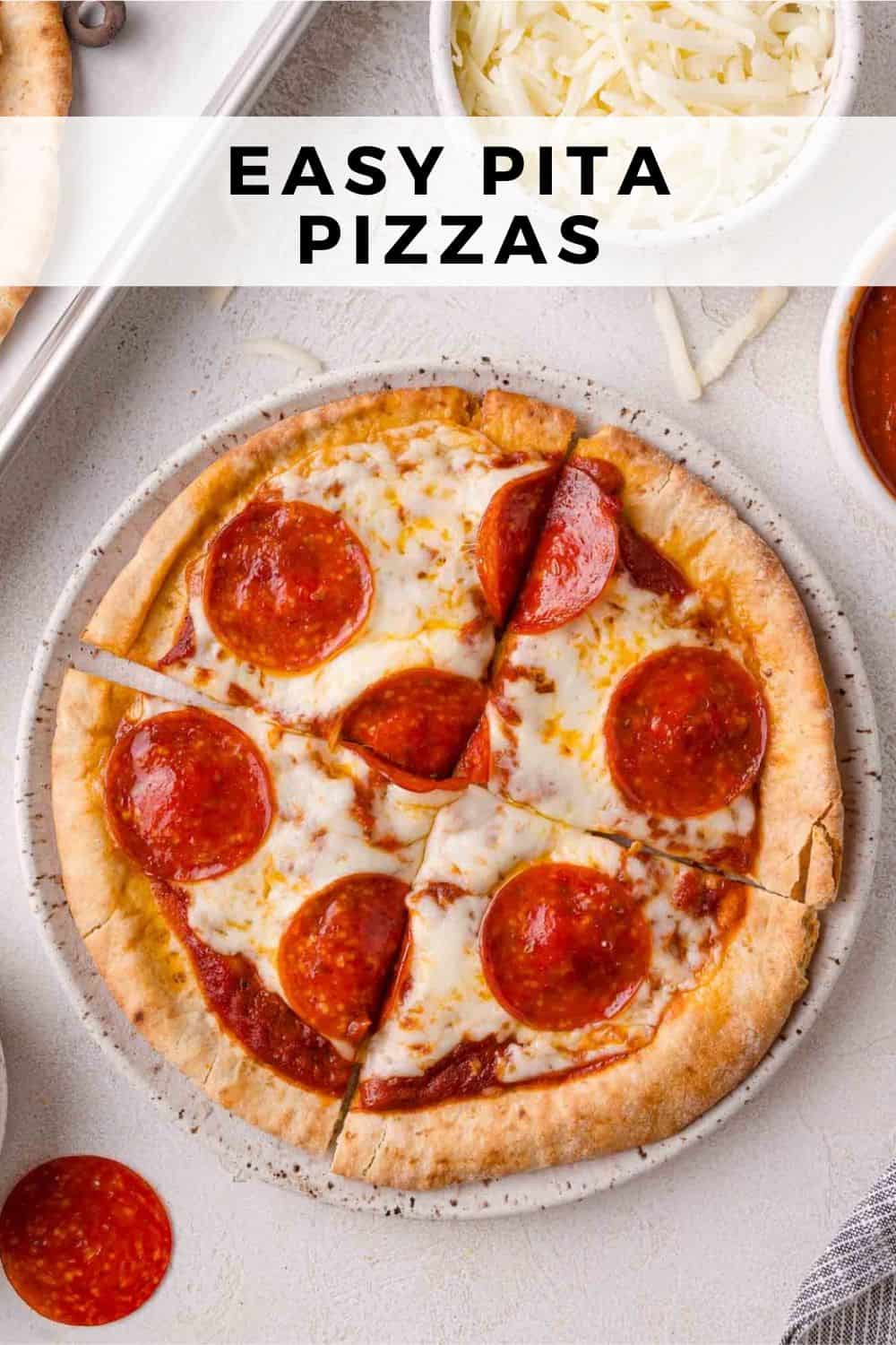 Pita Pizzas Pinterest graphic with text and photos.
