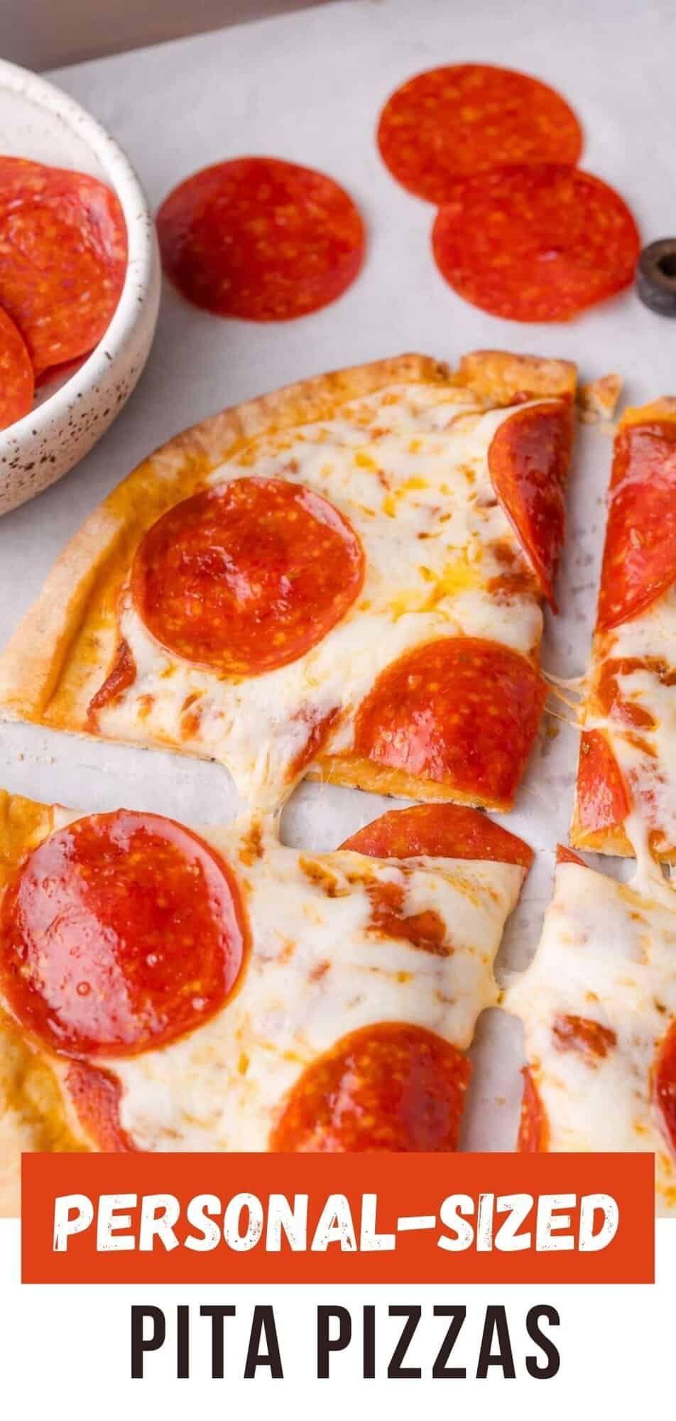 Pita Pizzas Pinterest graphic with text and photos.