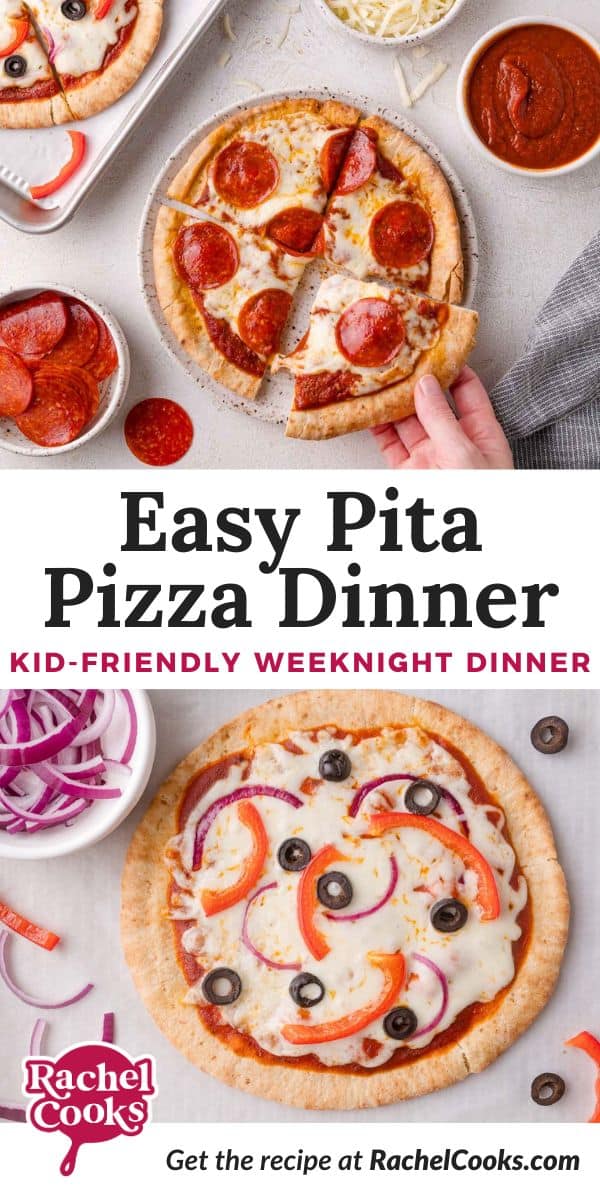 Pita Pizzas Pinterest graphic with text and photos.
