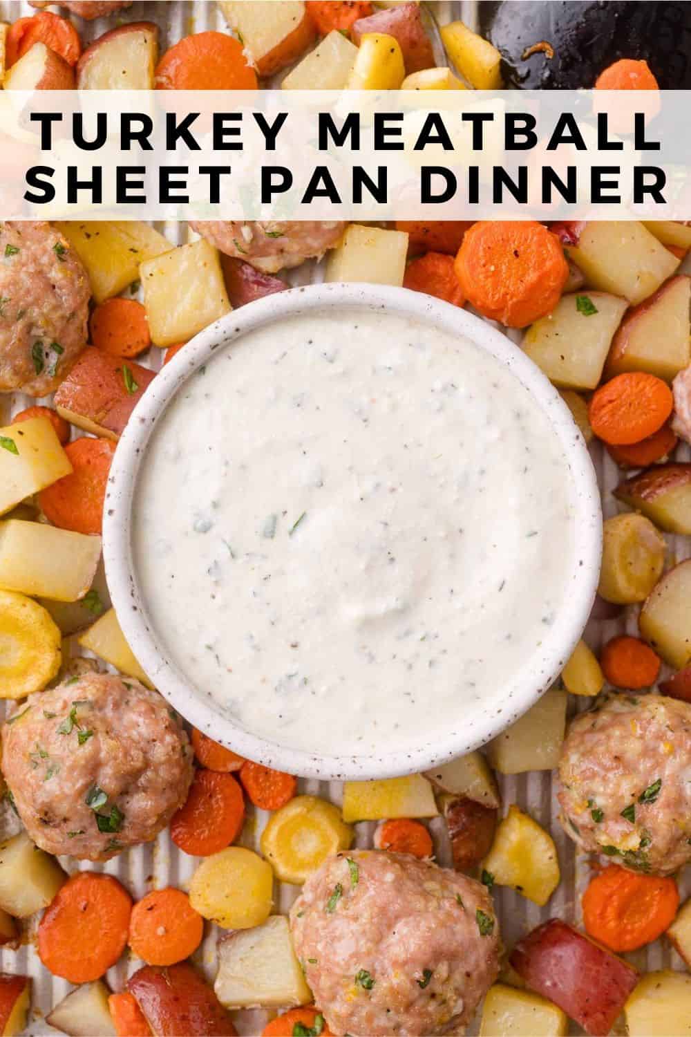 Turkey Meatballs & Root Vegetables Sheet Pan Dinner Pinterest graphic with text and photos.