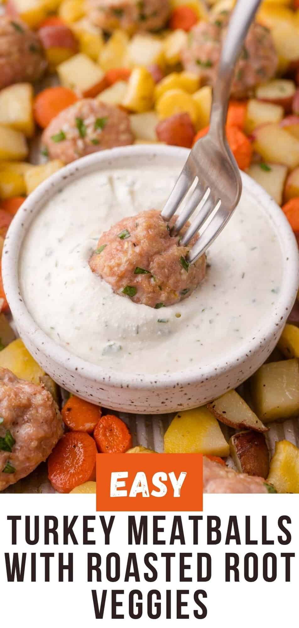 Turkey Meatballs & Root Vegetables Sheet Pan Dinner Pinterest graphic with text and photos.