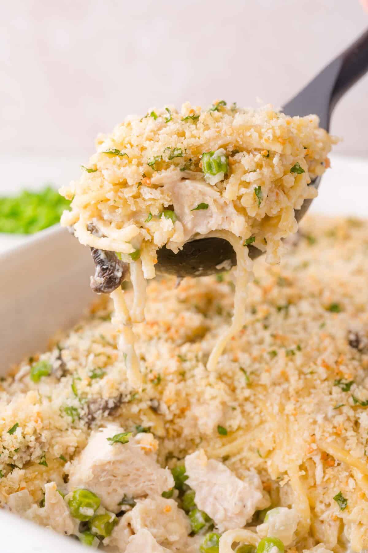 A serving spoon lifts a portion of baked chicken tetrazinni casserole topped with breadcrumbs and cheese, showing chunks of chicken, peas, and mushrooms.