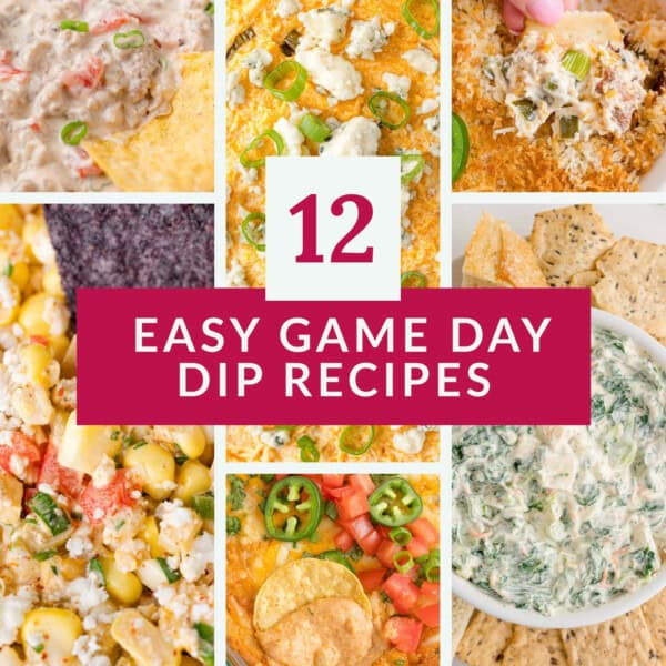 A collage of six different dips with chips and crackers, overlaid with text that reads “12 Easy Game Day Dip Recipes” in bold pink and white letters.