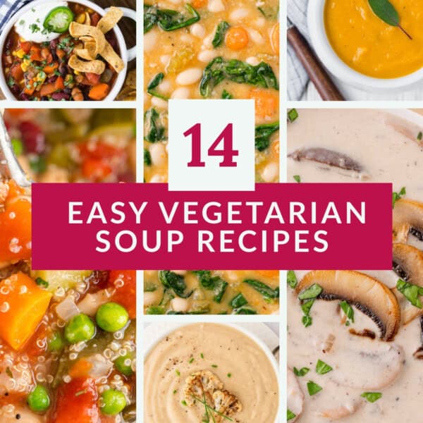 A collage of various vegetarian soups with a central text box that reads, 14 Easy Vegetarian Soup Recipes.