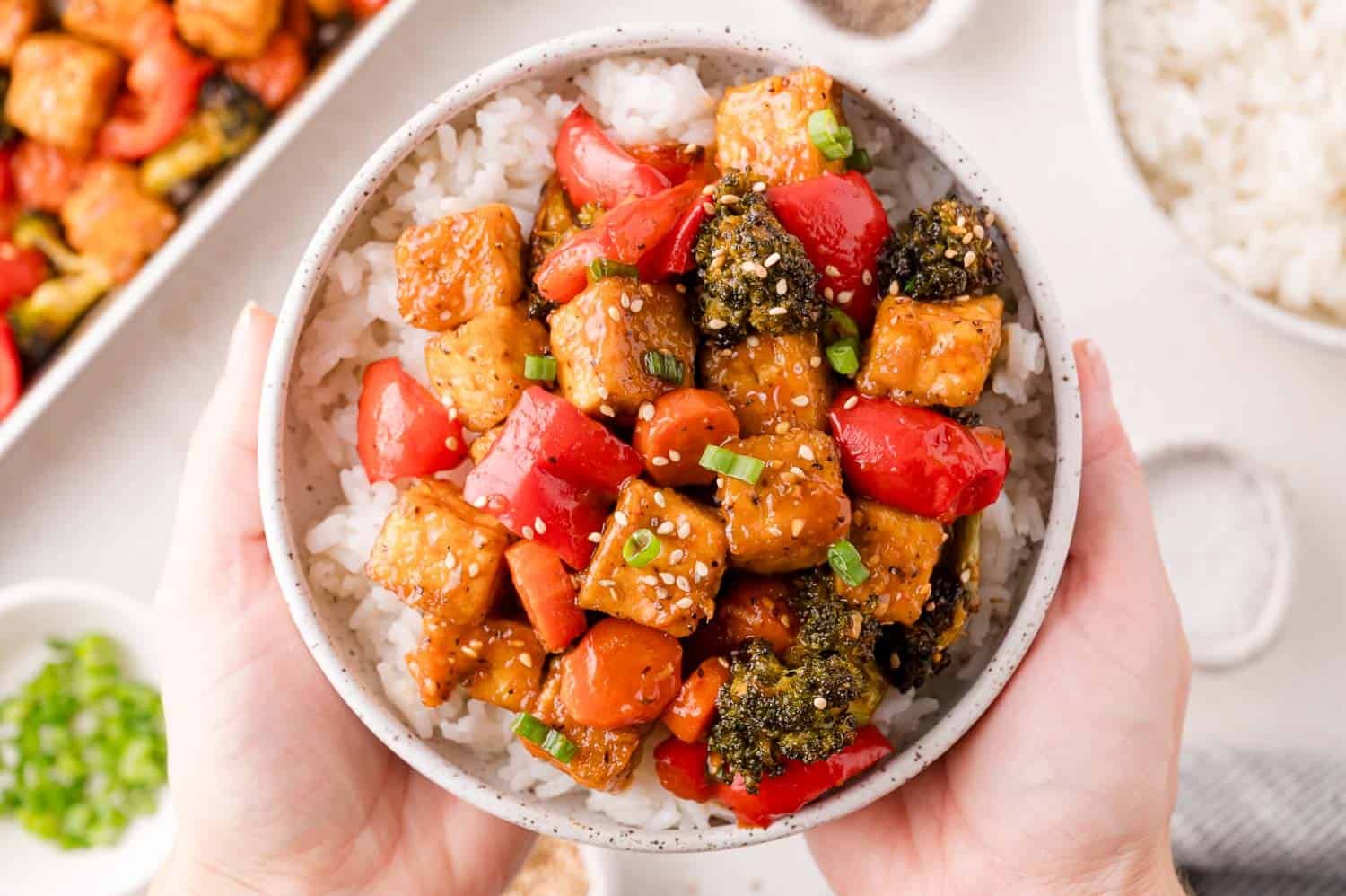 A bowl of white rice topped with tofu, red bell peppers, carrots, broccoli, green onions, and sesame seeds, held by two hands.
